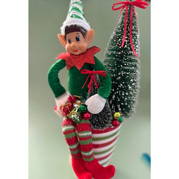 Price Reduced Vintage Christmas Elf Assemblage Centerpiece Bottlebrush Trees - Picture 1 of 7